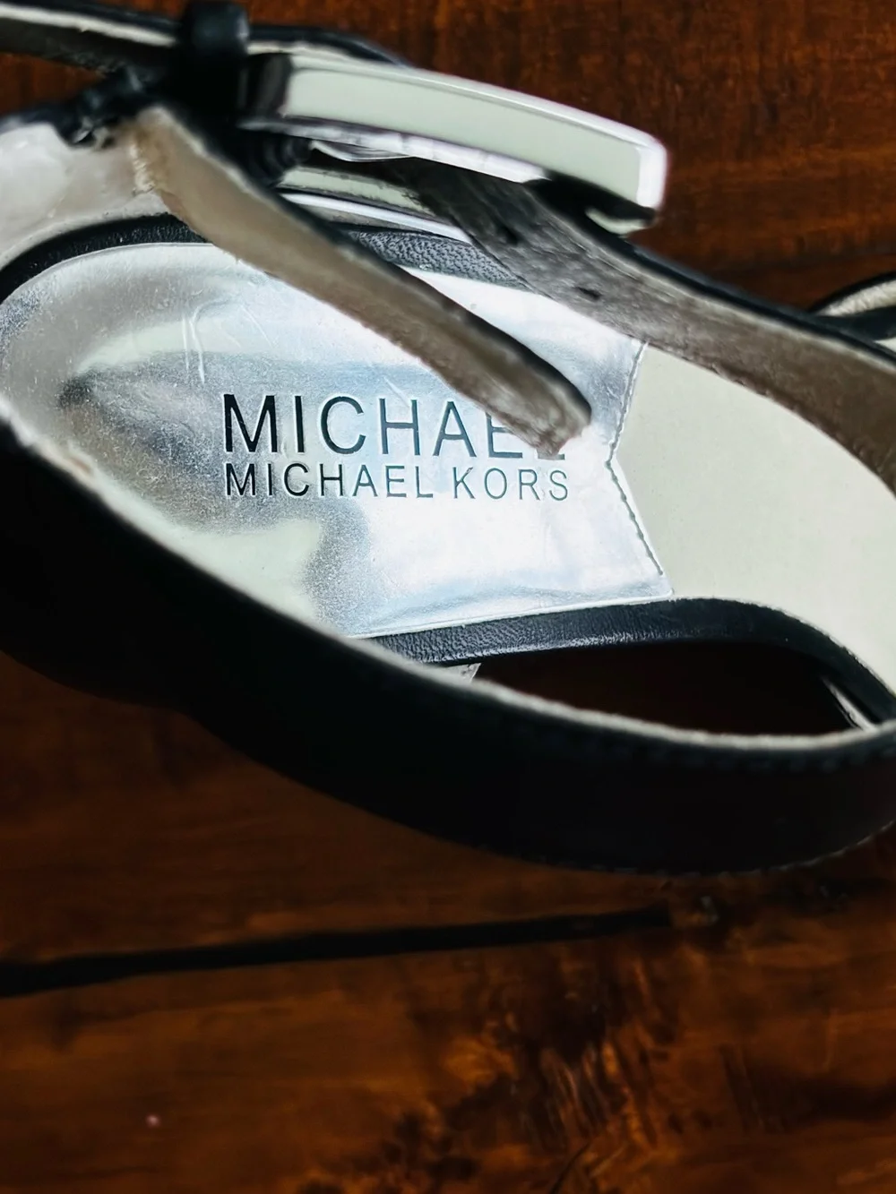 NWOT - Michael Kors Black Leather Pointed-Toe Ankle-Strap Heels with Silver Cap